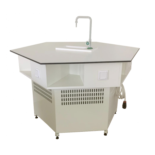 Hexagonal laboratory table with sink